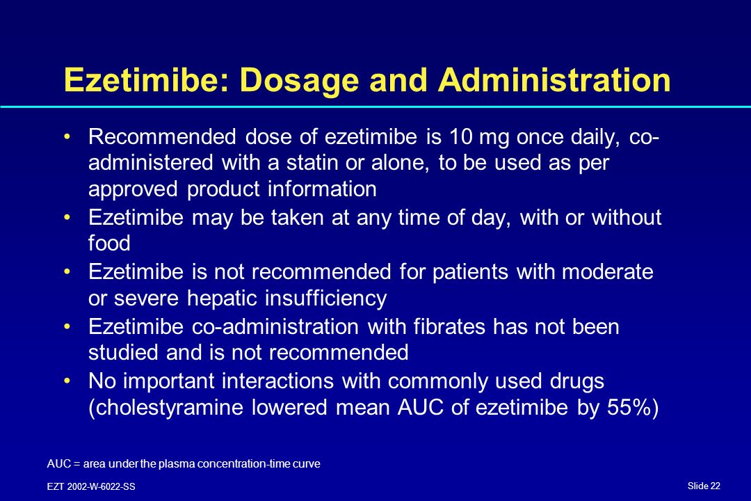 Slide 22 EZT 2002-W-6022-SS Ezetimibe: Dosage and Administration Recommended dose of ezetimibe is 10 mg once daily, co- administered with a statin or alone, to be used as per approved product information Ezetimibe may be taken at any time of day, with or without food Ezetimibe is not recommended for patients with moderate or severe hepatic insufficiency Ezetimibe co-administration with fibrates has not been studied and is not recommended No important interactions with commonly used drugs (cholestyramine lowered mean AUC of ezetimibe by 55%) AUC = area under the plasma concentration-time curve