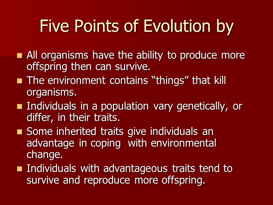 Five Points of Evolution by All organisms have the ability to produce more offspring then can survive.