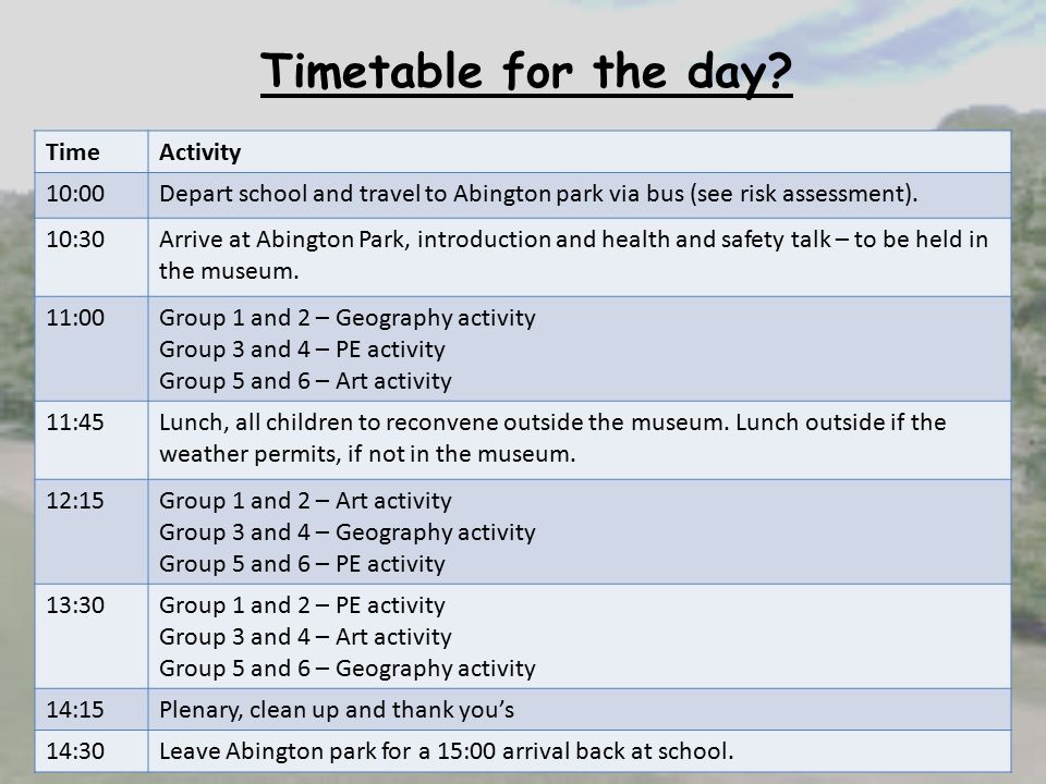 Timetable for the day.