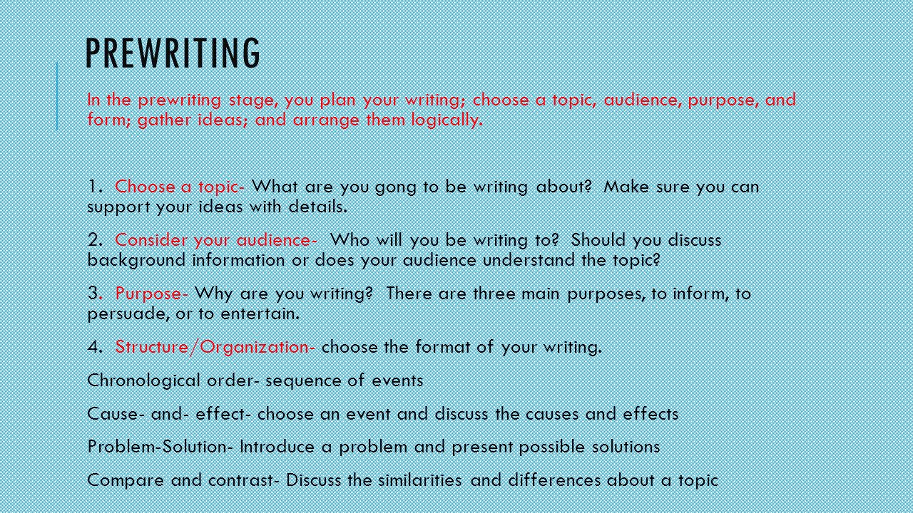 PREWRITING In the prewriting stage, you plan your writing; choose a topic, audience, purpose, and form; gather ideas; and arrange them logically.