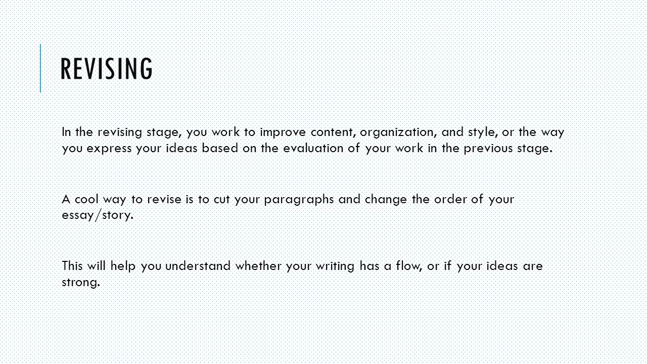 REVISING In the revising stage, you work to improve content, organization, and style, or the way you express your ideas based on the evaluation of your work in the previous stage.