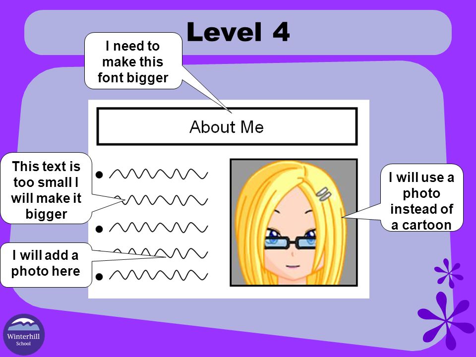 Level 4 I will use a photo instead of a cartoon I need to make this font bigger This text is too small I will make it bigger I will add a photo here