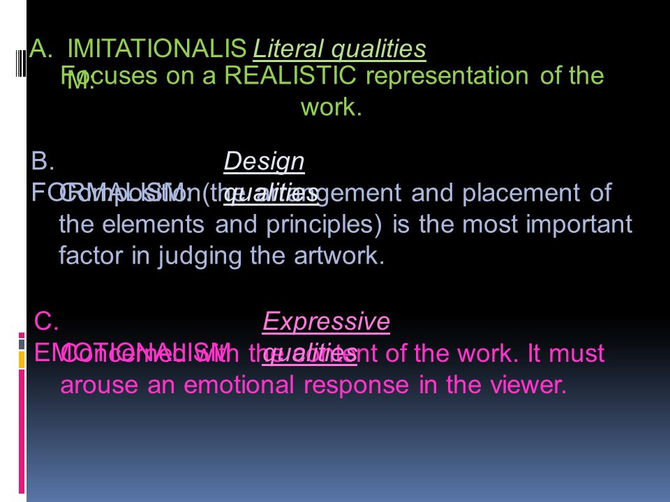 A.IMITATIONALIS M: C. EMOTIONALISM B.