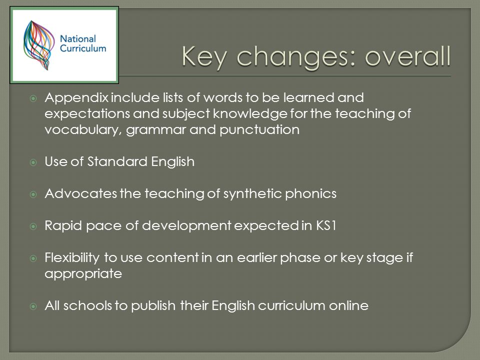  Appendix include lists of words to be learned and expectations and subject knowledge for the teaching of vocabulary, grammar and punctuation  Use of Standard English  Advocates the teaching of synthetic phonics  Rapid pace of development expected in KS1  Flexibility to use content in an earlier phase or key stage if appropriate  All schools to publish their English curriculum online