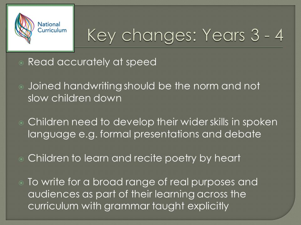  Read accurately at speed  Joined handwriting should be the norm and not slow children down  Children need to develop their wider skills in spoken language e.g.