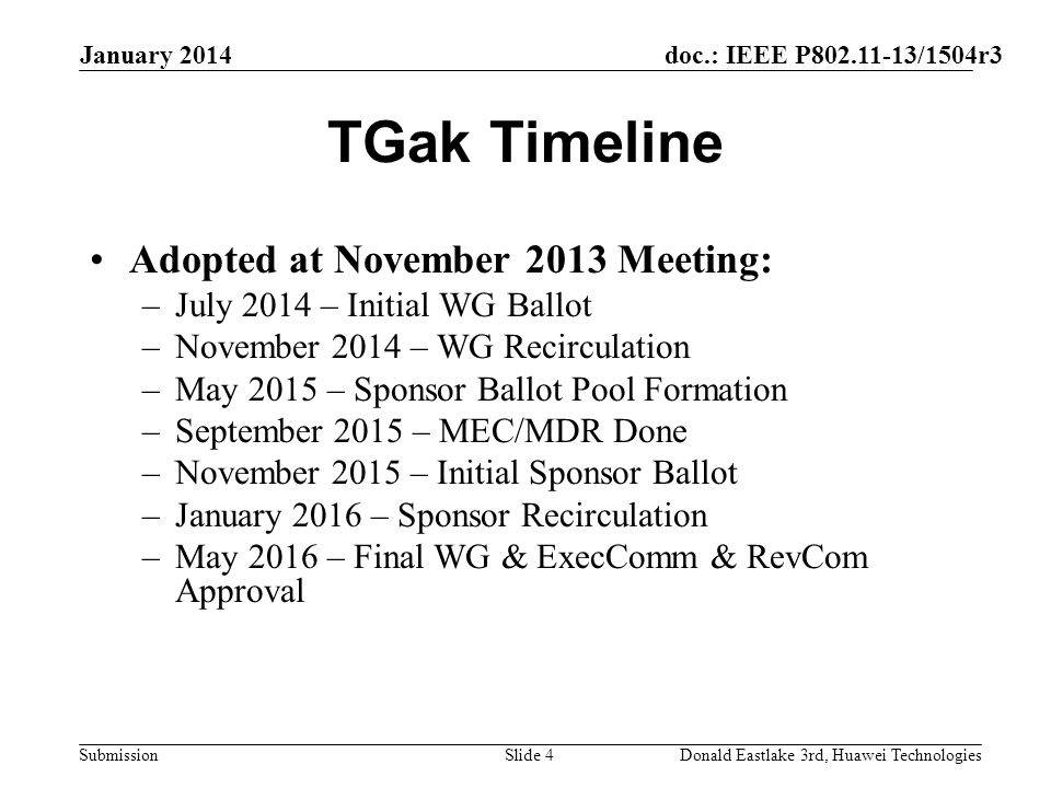 doc.: IEEE P /1504r3 Submission TGak Timeline Adopted at November 2013 Meeting: –July 2014 – Initial WG Ballot –November 2014 – WG Recirculation –May 2015 – Sponsor Ballot Pool Formation –September 2015 – MEC/MDR Done –November 2015 – Initial Sponsor Ballot –January 2016 – Sponsor Recirculation –May 2016 – Final WG & ExecComm & RevCom Approval January 2014 Donald Eastlake 3rd, Huawei TechnologiesSlide 4