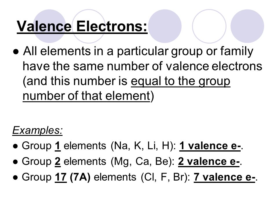 Valence Electrons: ● All elements in a particular group or family have the same number of valence electrons (and this number is equal to the group number of that element) Examples: ● Group 1 elements (Na, K, Li, H): 1 valence e-.