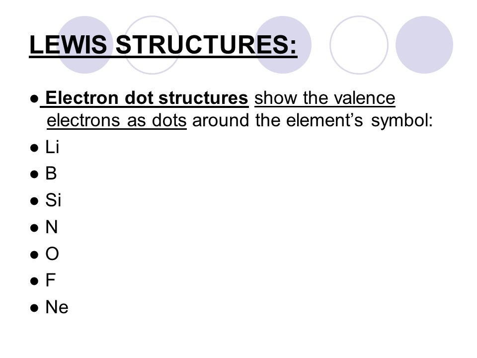 LEWIS STRUCTURES: ● Electron dot structures show the valence electrons as dots around the element’s symbol: ● Li ● B ● Si ● N ● O ● F ● Ne