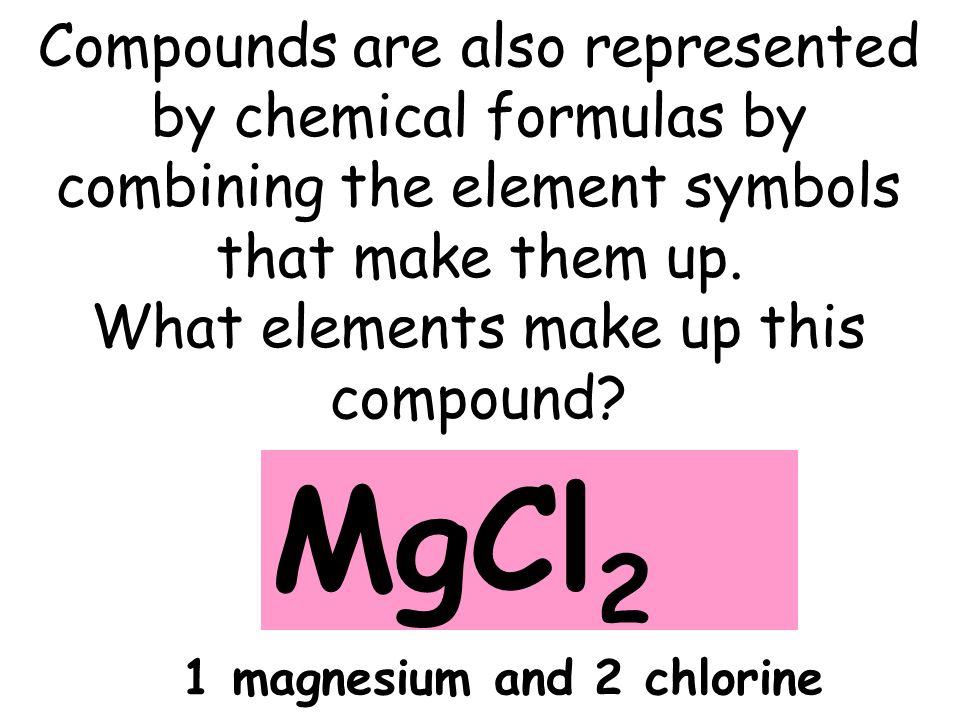 Compounds are also represented by chemical formulas by combining the element symbols that make them up.