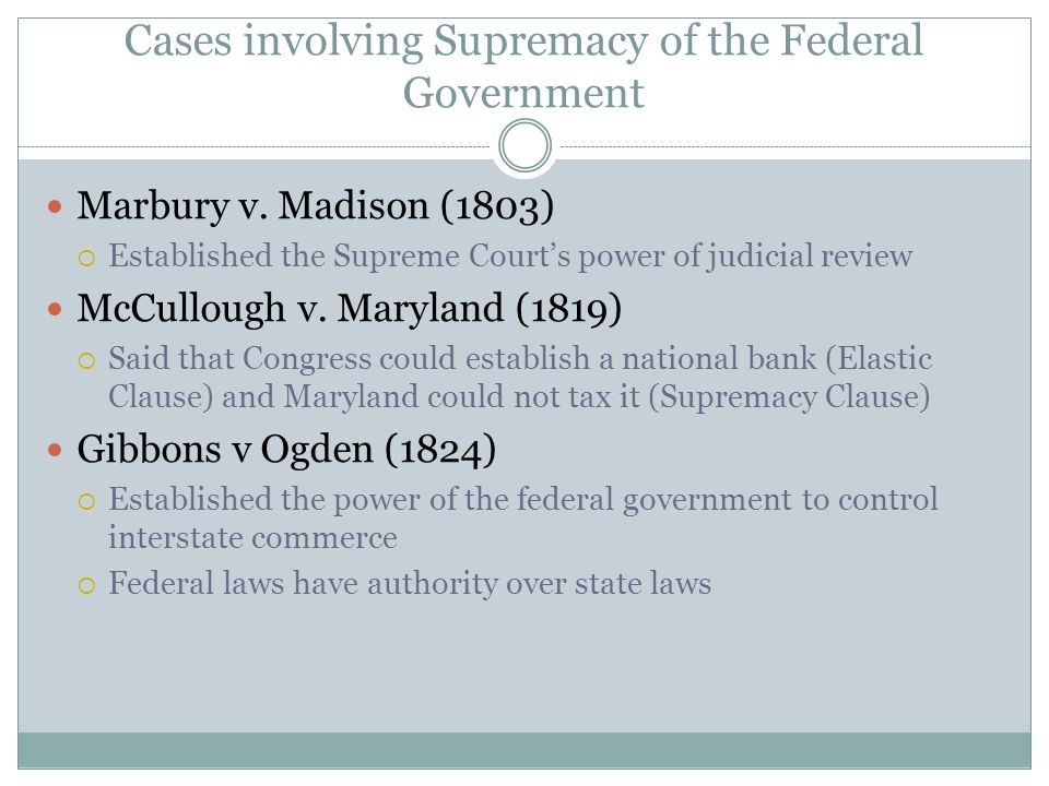 Cases involving Supremacy of the Federal Government Marbury v.