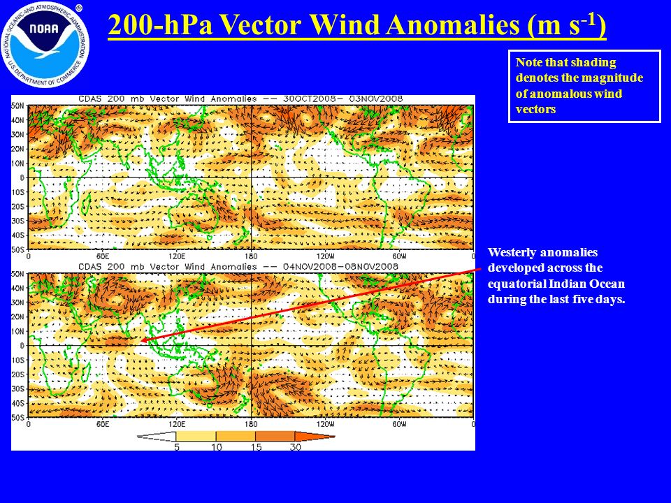 200-hPa Vector Wind Anomalies (m s -1 ) Note that shading denotes the magnitude of anomalous wind vectors Westerly anomalies developed across the equatorial Indian Ocean during the last five days.
