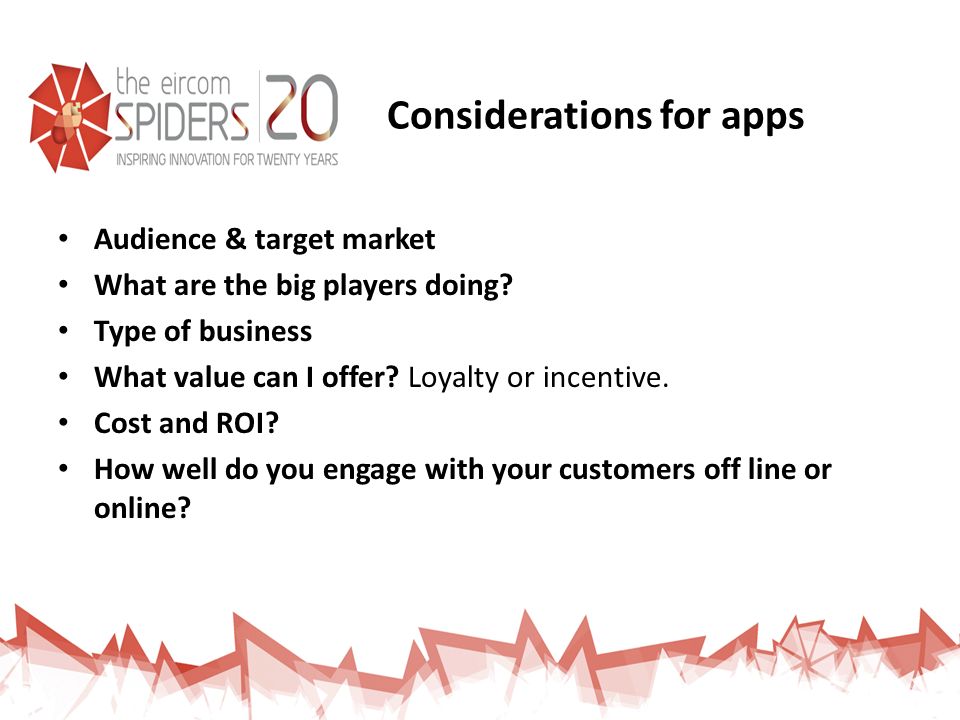 Considerations for apps Audience & target market What are the big players doing.