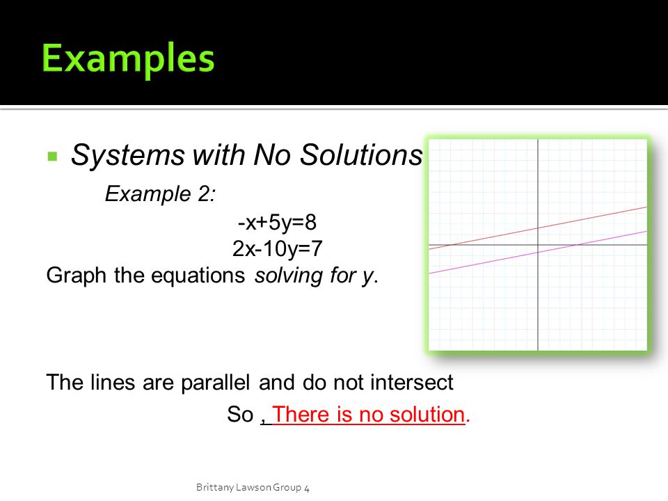  Systems with No Solutions Example 2: -x+5y=8 2x-10y=7 Graph the equations solving for y.