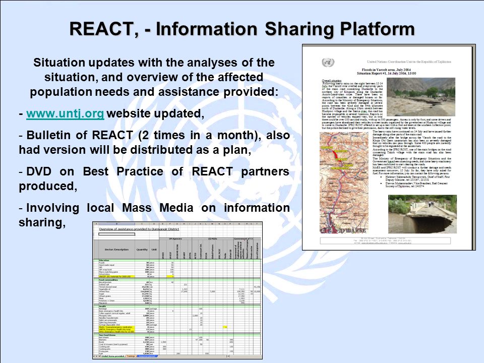 REACT, - Information Sharing Platform Situation updates with the analyses of the situation, and overview of the affected population needs and assistance provided: -   website updated,  - Bulletin of REACT (2 times in a month), also had version will be distributed as a plan, - DVD on Best Practice of REACT partners produced, - Involving local Mass Media on information sharing,