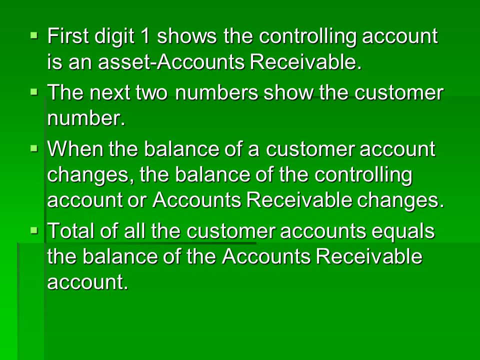  First digit 1 shows the controlling account is an asset-Accounts Receivable.