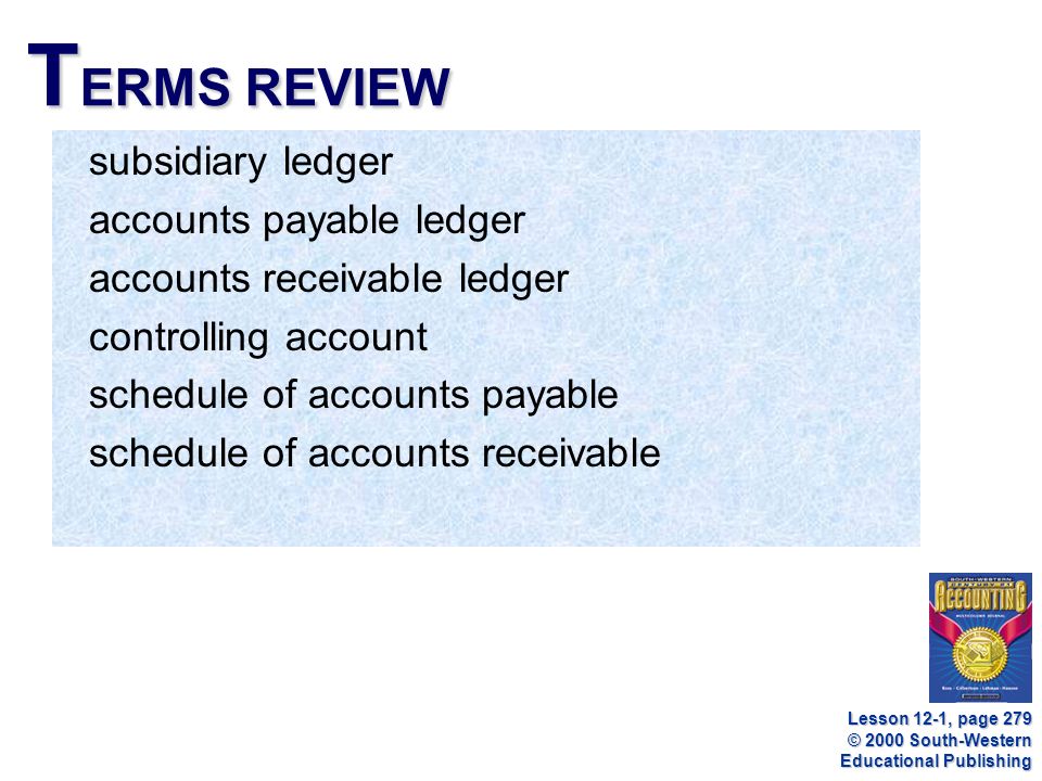 © 2000 South-Western Educational Publishing T ERMS REVIEW subsidiary ledger accounts payable ledger accounts receivable ledger controlling account schedule of accounts payable schedule of accounts receivable Lesson 12-1, page 279
