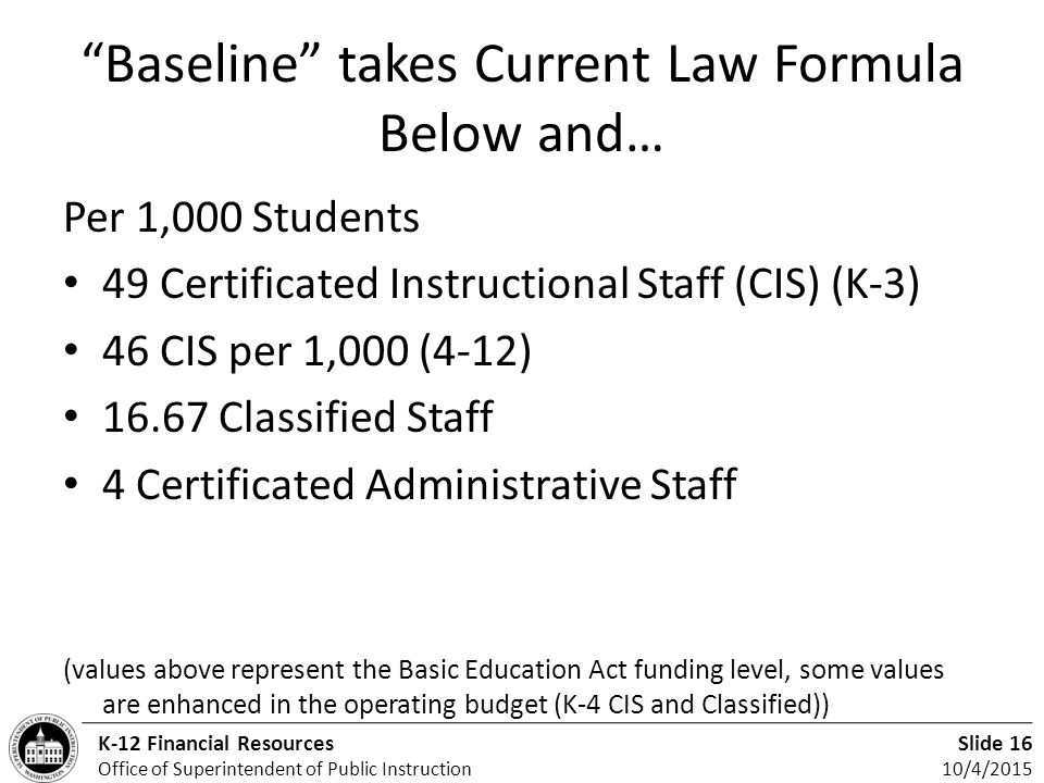 Slide 16 10/4/2015 K-12 Financial Resources Office of Superintendent of Public Instruction Baseline takes Current Law Formula Below and… Per 1,000 Students 49 Certificated Instructional Staff (CIS) (K-3) 46 CIS per 1,000 (4-12) Classified Staff 4 Certificated Administrative Staff (values above represent the Basic Education Act funding level, some values are enhanced in the operating budget (K-4 CIS and Classified))