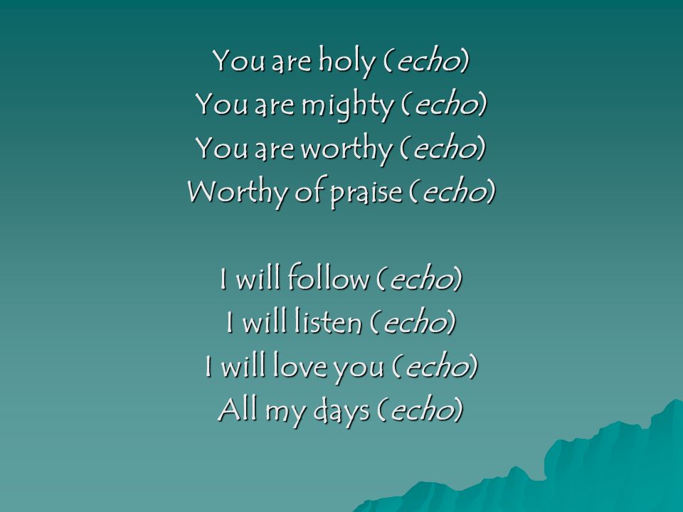You are holy (echo) You are mighty (echo) You are worthy (echo) Worthy of praise (echo) I will follow (echo) I will listen (echo) I will love you (echo) All my days (echo)