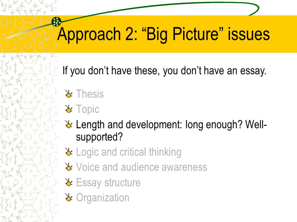 Approach 2: Big Picture issues Thesis Topic Length and development: long enough.
