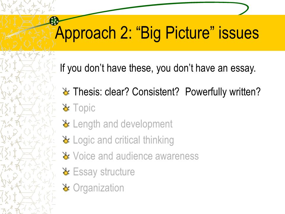 Approach 2: Big Picture issues Thesis: clear. Consistent.