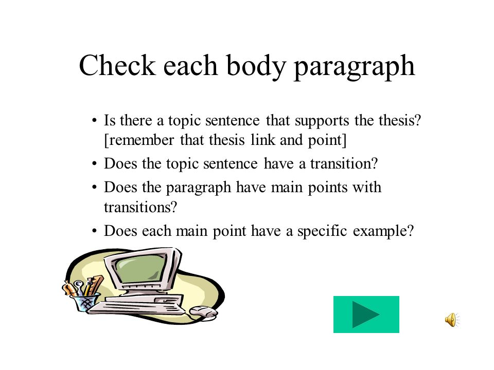 Check each body paragraph Is there a topic sentence that supports the thesis.