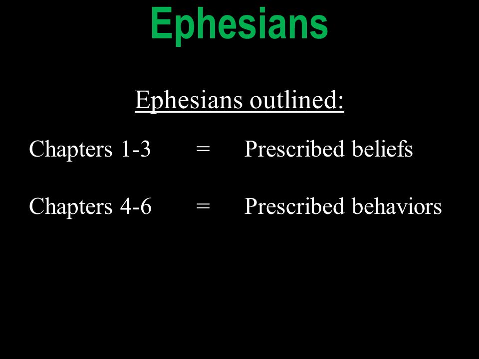 Ephesians outlined: Chapters 1-3=Prescribed beliefs Chapters 4-6=Prescribed behaviors Ephesians outlined: Chapters 1-3=Prescribed beliefs Chapters 4-6=Prescribed behaviors Ephesians