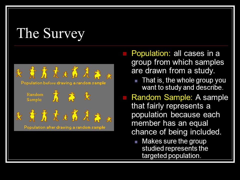The Survey Population: all cases in a group from which samples are drawn from a study.