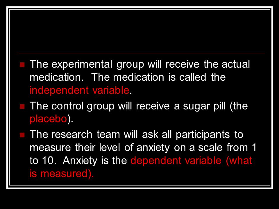 The experimental group will receive the actual medication.