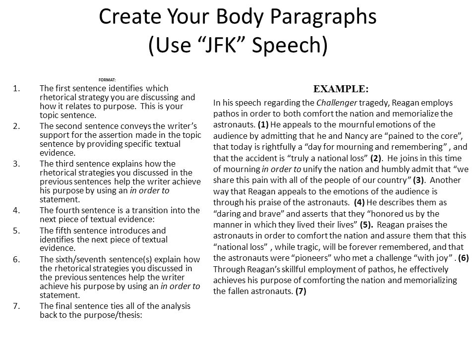 Create Your Body Paragraphs (Use JFK Speech) FORMAT: 1.The first sentence identifies which rhetorical strategy you are discussing and how it relates to purpose.