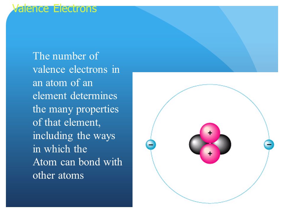 Valence Electrons The number of valence electrons in an atom of an element determines the many properties of that element, including the ways in which the Atom can bond with other atoms