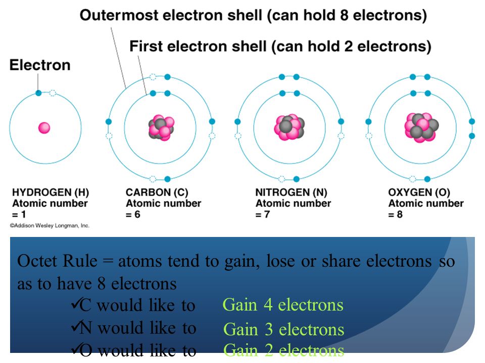 Octet Rule = atoms tend to gain, lose or share electrons so as to have 8 electrons C would like to N would like to O would like to Gain 4 electrons Gain 3 electrons Gain 2 electrons