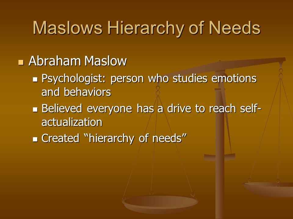 Maslows Hierarchy of Needs Abraham Maslow Abraham Maslow Psychologist: person who studies emotions and behaviors Psychologist: person who studies emotions and behaviors Believed everyone has a drive to reach self- actualization Believed everyone has a drive to reach self- actualization Created hierarchy of needs Created hierarchy of needs
