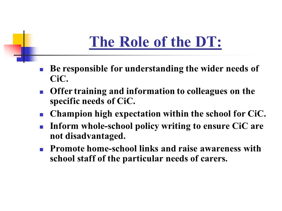 The Role of the DT: Be responsible for understanding the wider needs of CiC.
