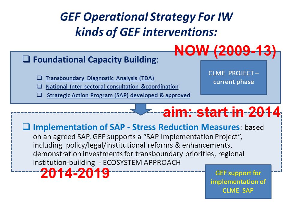 GEF Operational Strategy For IW kinds of GEF interventions:  Foundational Capacity Building:  Transboundary Diagnostic Analysis (TDA)  National Inter-sectoral consultation &coordination  Strategic Action Program (SAP) developed & approved  Implementation of SAP - Stress Reduction Measures: based on an agreed SAP, GEF supports a SAP Implementation Project , including policy/legal/institutional reforms & enhancements, demonstration investments for transboundary priorities, regional institution-building - ECOSYSTEM APPROACH CLME PROJECT – current phase GEF support for implementation of CLME SAP NOW ( ) aim: start in 2014