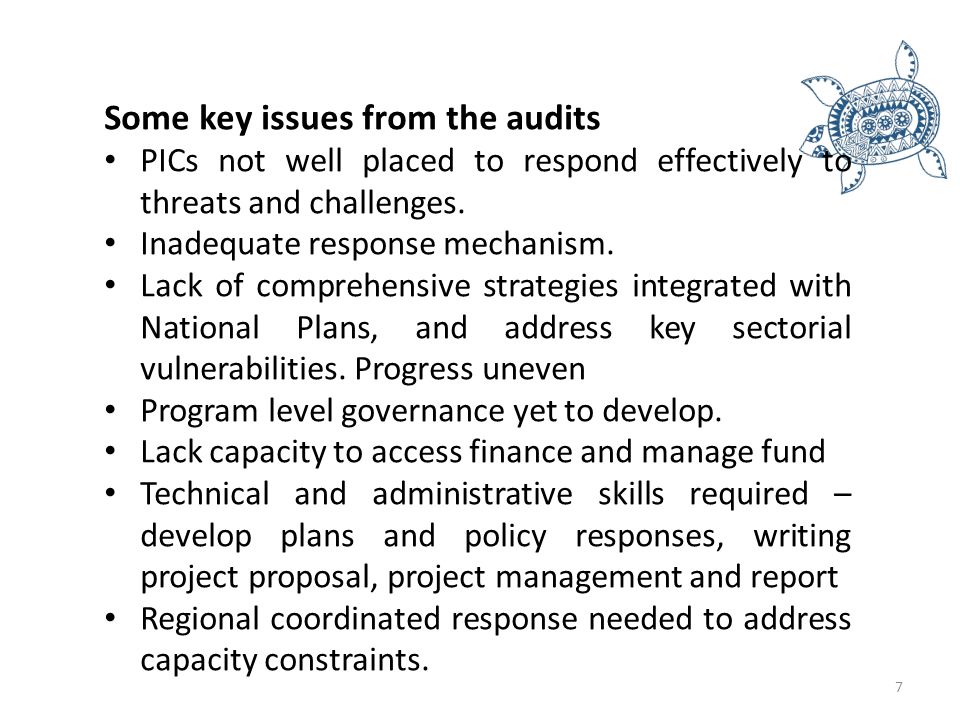 7 Some key issues from the audits PICs not well placed to respond effectively to threats and challenges.
