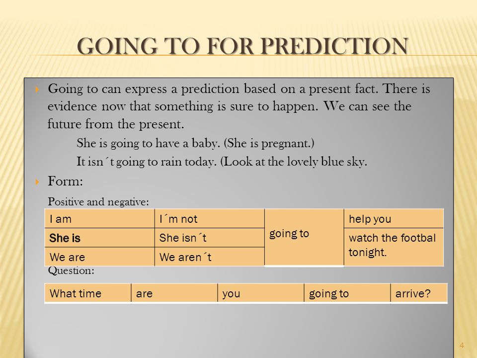 GOING TO FOR PREDICTION  Going to can express a prediction based on a present fact.