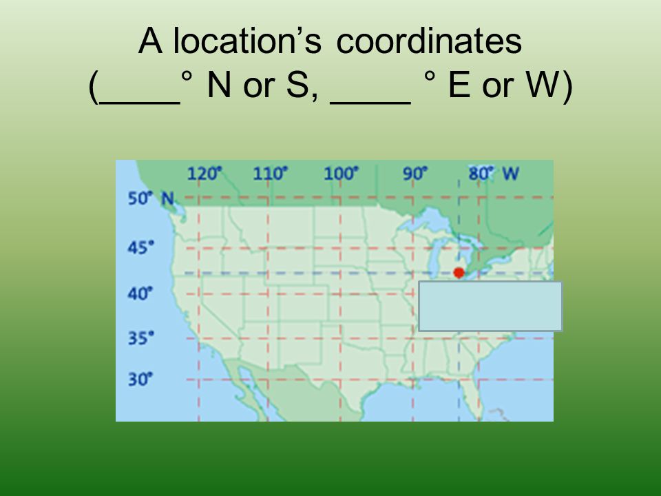 A location’s coordinates (____° N or S, ____ ° E or W)