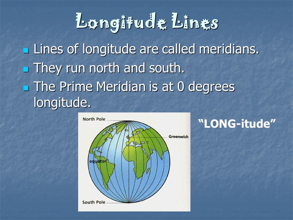 Longitude Lines Lines of longitude are called meridians.