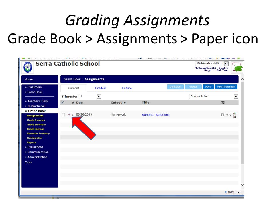 Grading Assignments Grade Book > Assignments > Paper icon