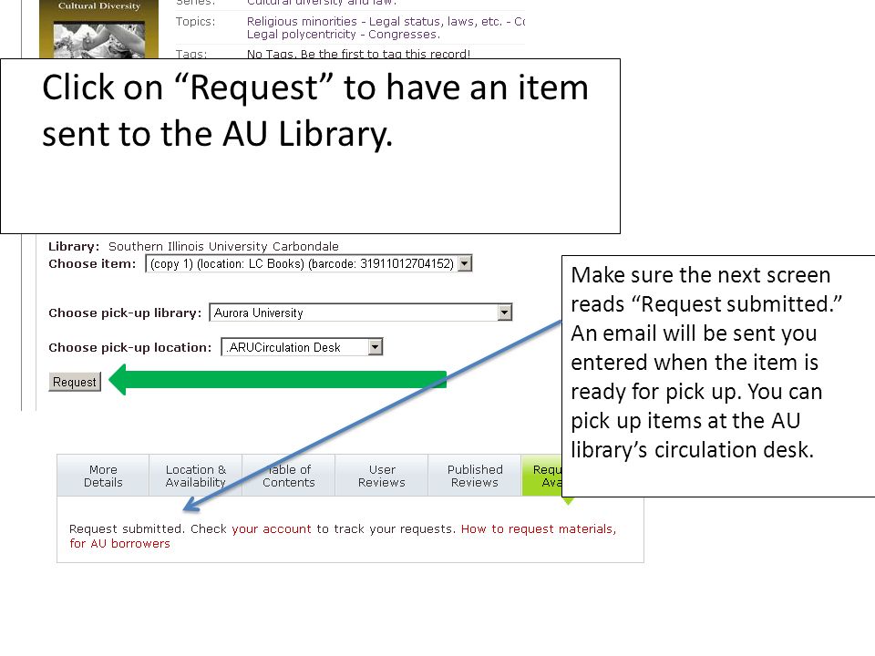 Click on Request to have an item sent to the AU Library.