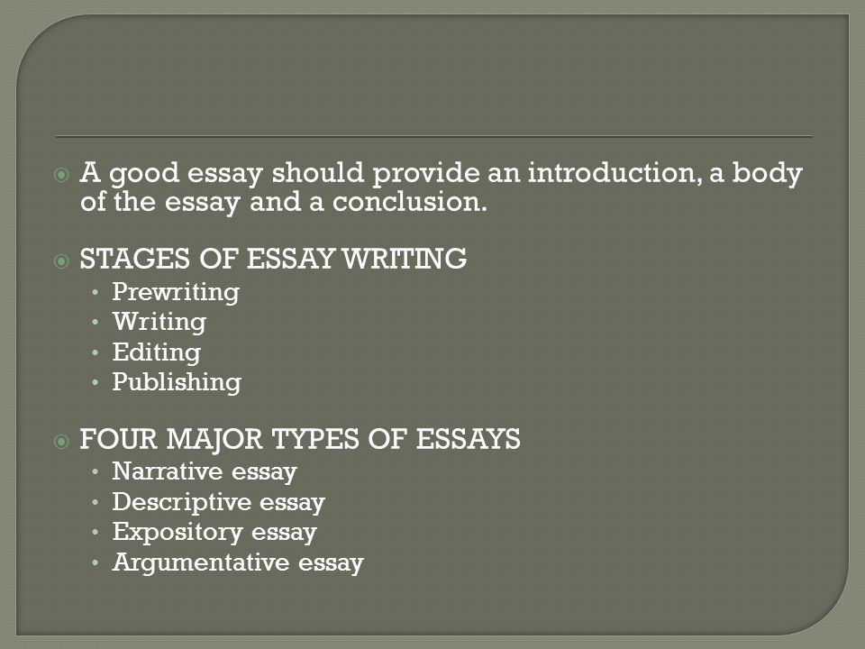  A good essay should provide an introduction, a body of the essay and a conclusion.