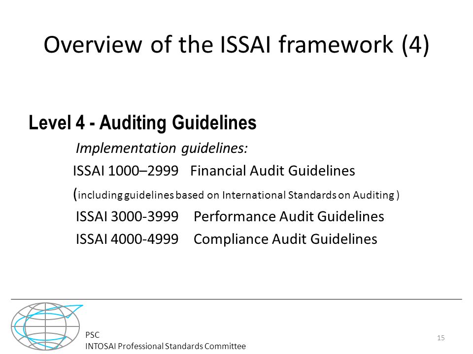 PSC INTOSAI Professional Standards Committee Overview of the ISSAI framework (4) Level 4 - Auditing Guidelines Implementation guidelines: ISSAI 1000–2999 Financial Audit Guidelines ( including guidelines based on International Standards on Auditing ) ISSAI Performance Audit Guidelines ISSAI Compliance Audit Guidelines 15