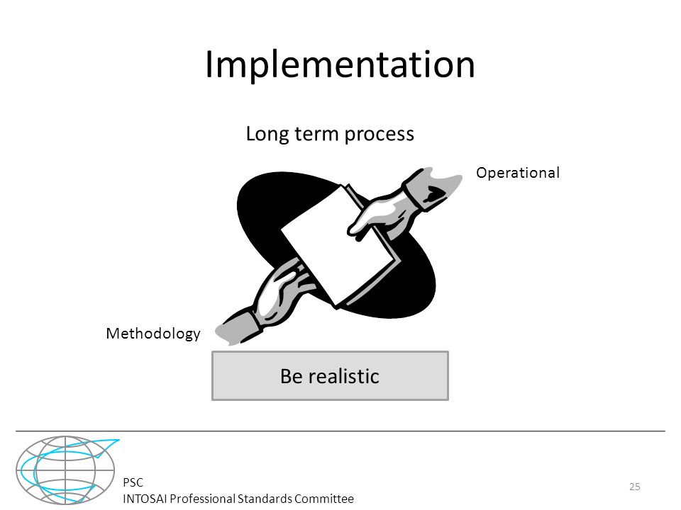 PSC INTOSAI Professional Standards Committee Implementation 25 Long term process Methodology Operational Be realistic