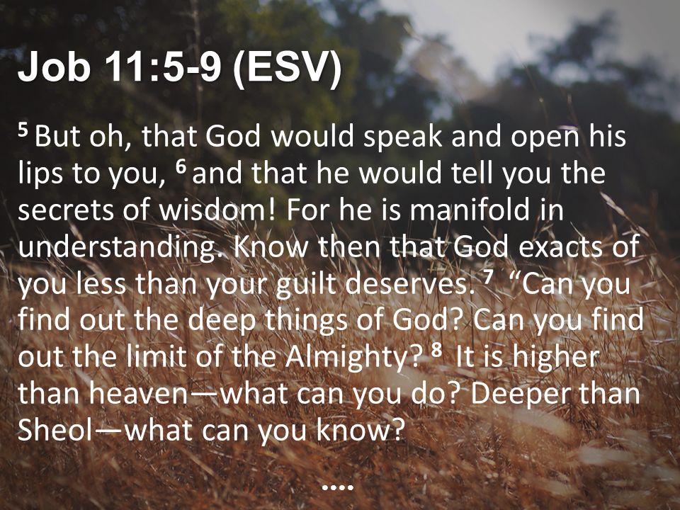 Job 11:5-9 (ESV) 5 But oh, that God would speak and open his lips to you, 6 and that he would tell you the secrets of wisdom.