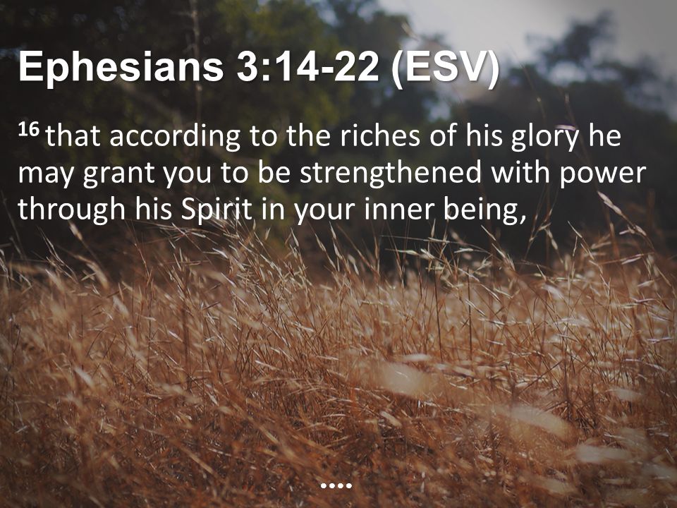 Ephesians 3:14-22 (ESV) 16 that according to the riches of his glory he may grant you to be strengthened with power through his Spirit in your inner being,