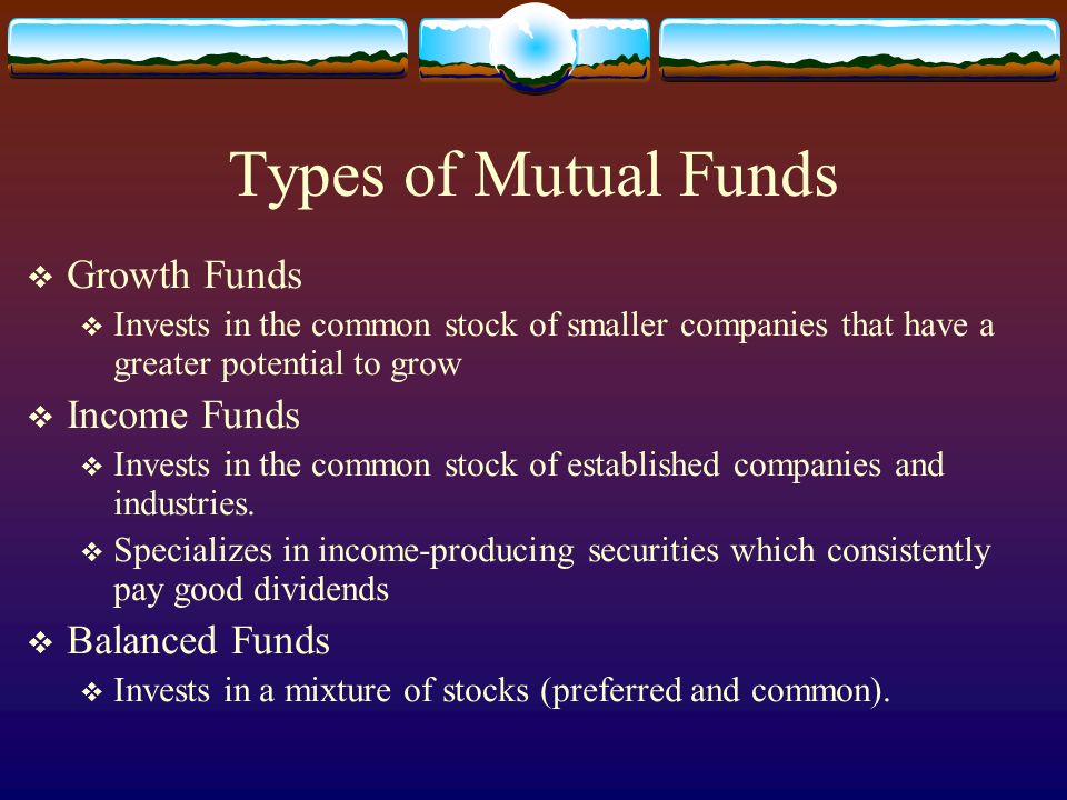 Types of Mutual Funds  Growth Funds  Invests in the common stock of smaller companies that have a greater potential to grow  Income Funds  Invests in the common stock of established companies and industries.
