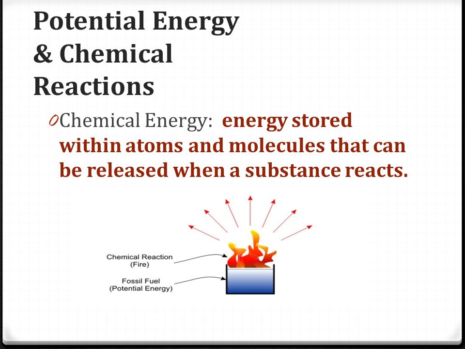 Potential Energy & Chemical Reactions 0 Chemical Energy: energy stored within atoms and molecules that can be released when a substance reacts.