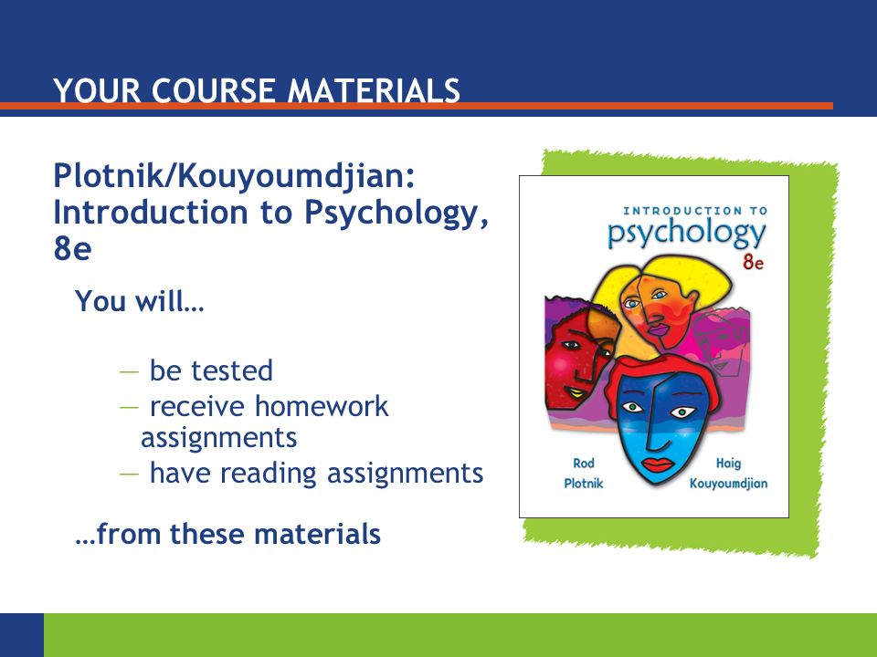 YOUR COURSE MATERIALS Plotnik/Kouyoumdjian: Introduction to Psychology, 8e You will… — be tested — receive homework assignments — have reading assignments …from these materials