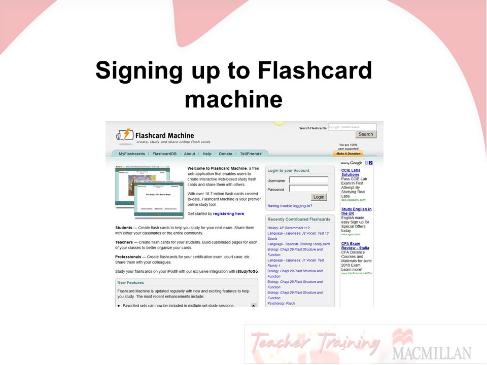 Signing up to Flashcard machine