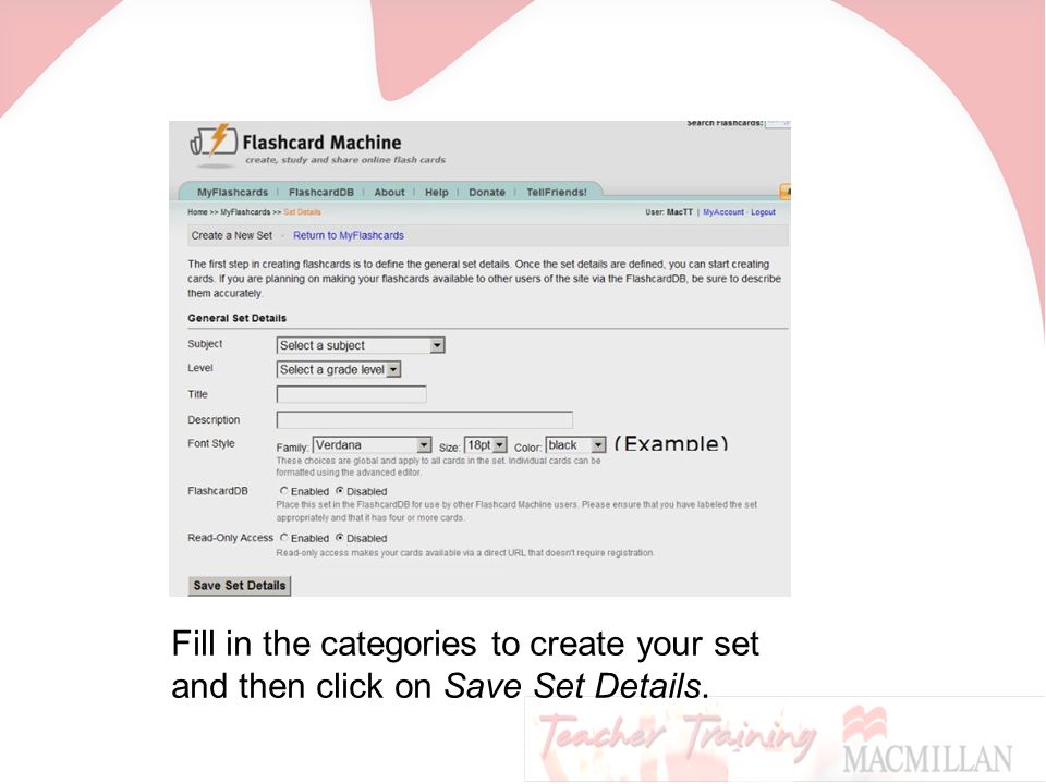Fill in the categories to create your set and then click on Save Set Details.